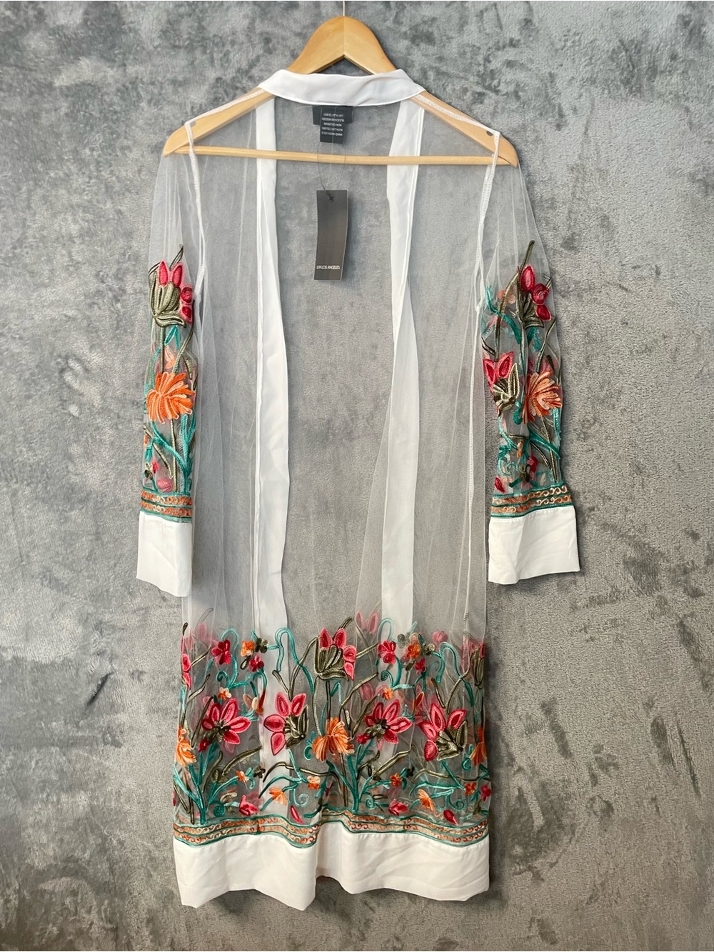 Sheer White Floral-Embroidered Mesh Duster Size small
